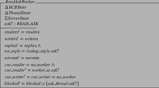 \begin{schema}{ReadAskWorker}
\Delta XCBState \\
\Delta ThreadState \\
\Xi ...
...= no\_worker
\also
blocked' = blocked \cup
\{ ask\_thread&nbsp;ask? \}
\end{schema}