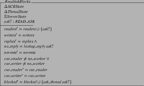 \begin{schema}{ReadAskBlocks}
\Delta XCBState \\
\Delta ThreadState \\
\Xi ...
... cur\_writer
\also
blocked' = blocked \cup
\{ ask\_thread&nbsp;ask? \}
\end{schema}