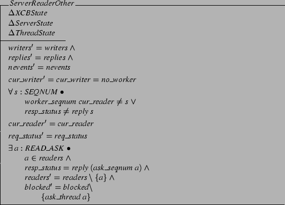 \begin{schema}{ServerReaderOther}
\Delta XCBState \\
\Delta ServerState \\
...
... \\
\t1 blocked' = blocked \setminus \\
\t2 \{ ask\_thread&nbsp;a \}
\end{schema}